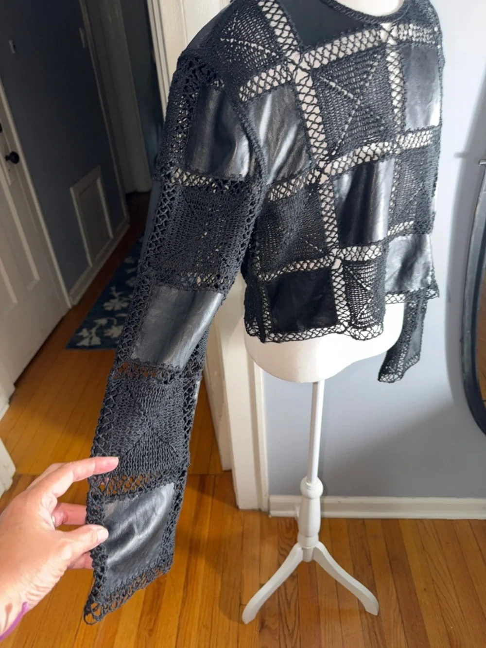 Zara Black Cropped Leather-Lace Grid Top